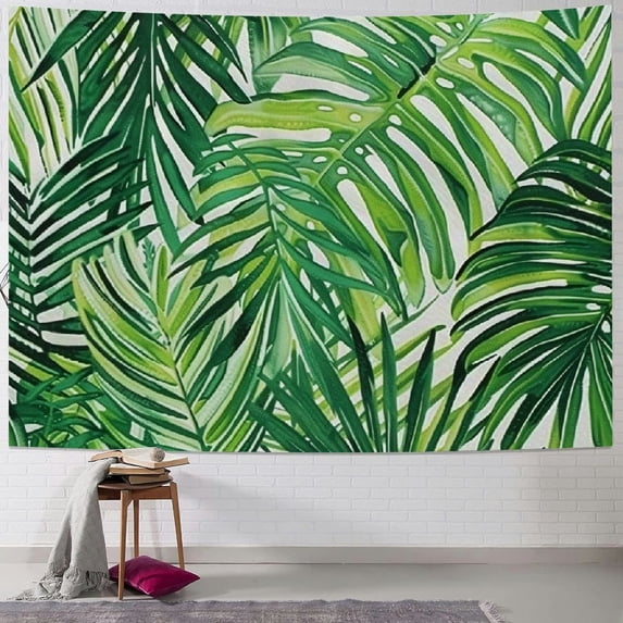 Nawypu  Leaf Tapestry, Tropical Exotic Banana Forest Palm Tree Leaves Watercolor Design Image, Fabric Wall Hanging Decor for Bedroom Living Room Dorm, Fern Green White