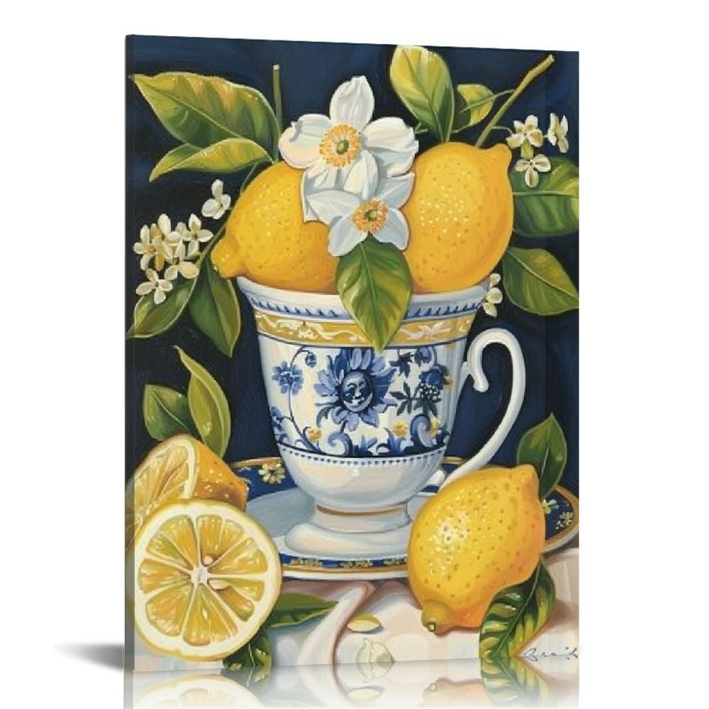 Nawypu Lemon Wall Art Farmhouse Yellow Kitchen Wall Decor Fruit Summer Paintings Lemon Tea Cup