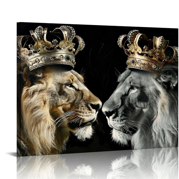 Nawypu Lion King and Queen Canvas Wall Art Black and White African Wild Animals with Crown Picture Poster Lion and Lioness Animal Romantic Artwork for Bedroom Decor