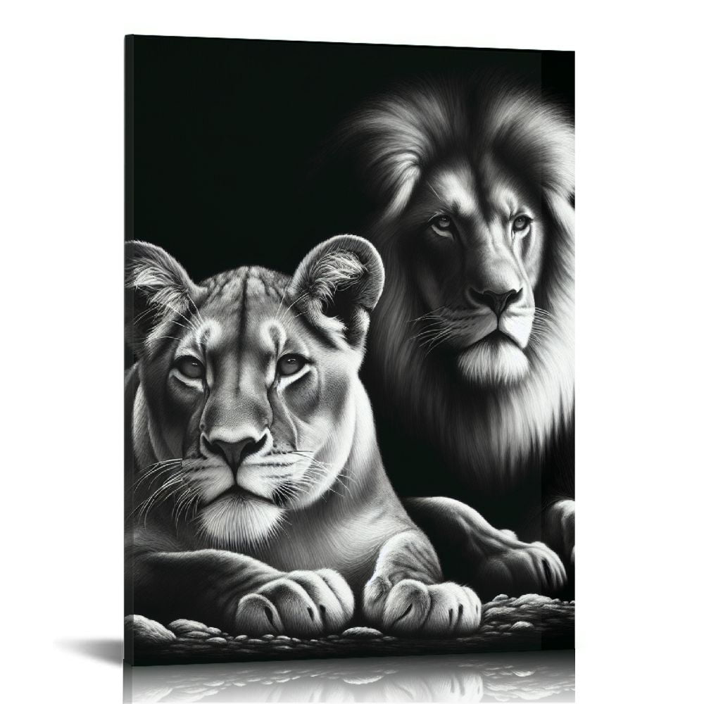 Nawypu Lion and Lioness Canvas Wall Art Black and White Animal Pictures