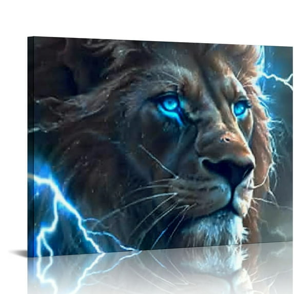 Nawypu Lion Wall Art Blue Canvas Wall Art Framed Animal Canvas Prints Wildlife Portrait for Living Room Bedroom Home Wall Decor(F)