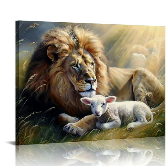 Nawypu Lion Wall Art Lamb Canvas Prints Jesus Awesome Lamb and Lion Canvas Wall Art Modern Art Painting Framed for Living Room Bedroom Bathroom Office Decor Ready To Hang