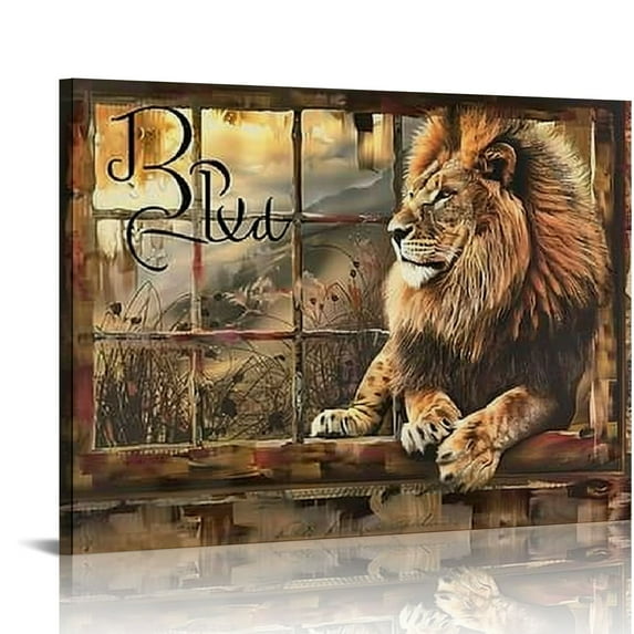 Nawypu Lion Wall Art Rustic Farmhoues Christian Lion Wall Decor Lion Of Judah Pictures Canvas Prints Artwork Inspirational Psalm Scripture Gifts Home Decorations For Bathroom Kitchen Office Framed