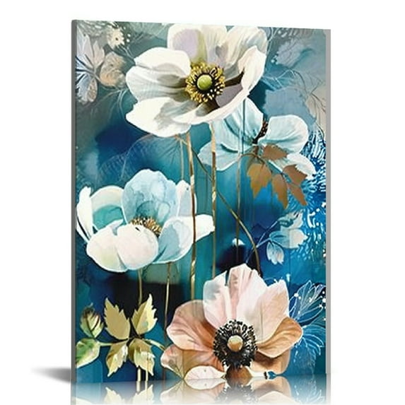 Nawypu Lotus Flower Canvas Wall Art for Living Room White and Indigo Blue Floral Picture Wall Decor for Dining Room Bedroom Bathroom Kitchen Print Painting for Home Decorations