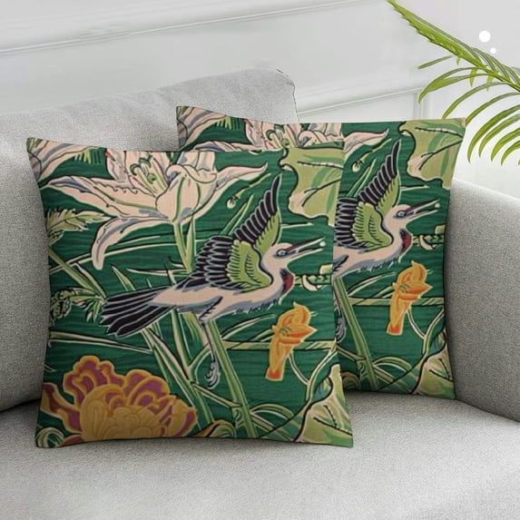Jiayy Lotus Nymphaea Gardens Throw Pillow Cushion Swan Crane Duck Green Flower Square Throw Pillow Chinoiserie Style Pillow Cover Case for Sofa Living Room 2pcs White Birthday Gift