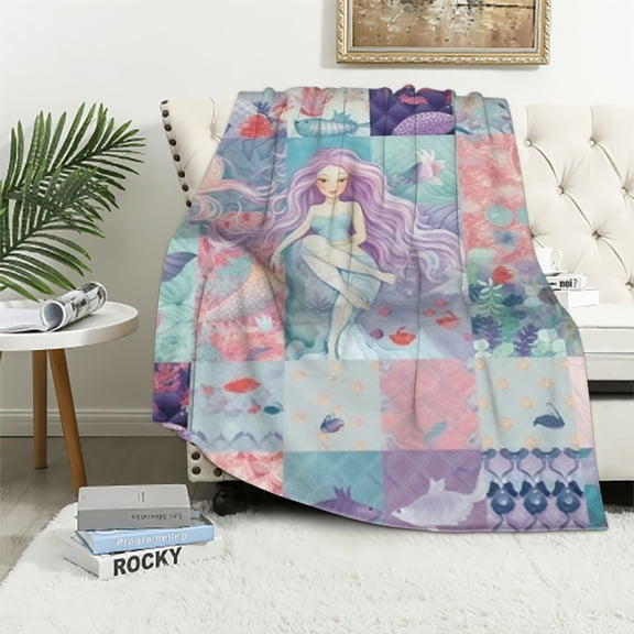 Nawypu Mermaid Throw Blanket for Girls,Cozy Cute Mermaid Theme Fluffy Plush Blanket for Kids, Soft Cute Mermaid Purple Blue Flannel Throw Blanket for Children Teen Women Gift Sofa Bed Couch
