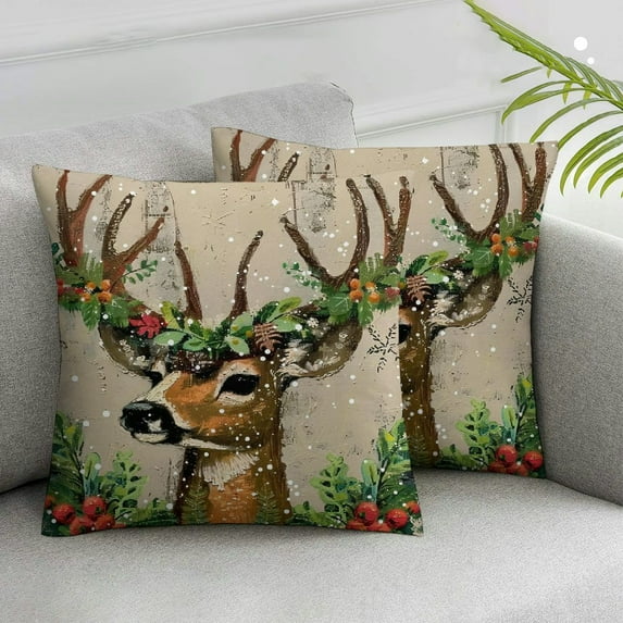 Nawypu Merry Christmas Deer Pillow Covers Red and Green Xmas Tree Mistletoe Fir Leaves Antler Moose Rustic Farmhouse Decorations Throw Cases Winter Snow Cushion Case for Couch Sofa,2 Pcs
