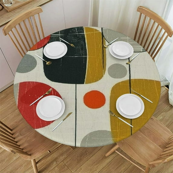 Nawypu Mid Century Tablecloth, Vintage Shapes Design Modern Style Table Cover, Water Resistant Wipeable Tablecloths for Kitchen Dinning Room Decor Round