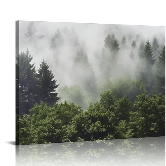 Nawypu Misty Forest Wall Art Green Nature Mountain Landscape Wall Decor for Living Room Nordic Foggy Pine Tree Scenic Canvas Prints Picture Painting Artwork for Bathroom Bedroom Modern Home Decoration