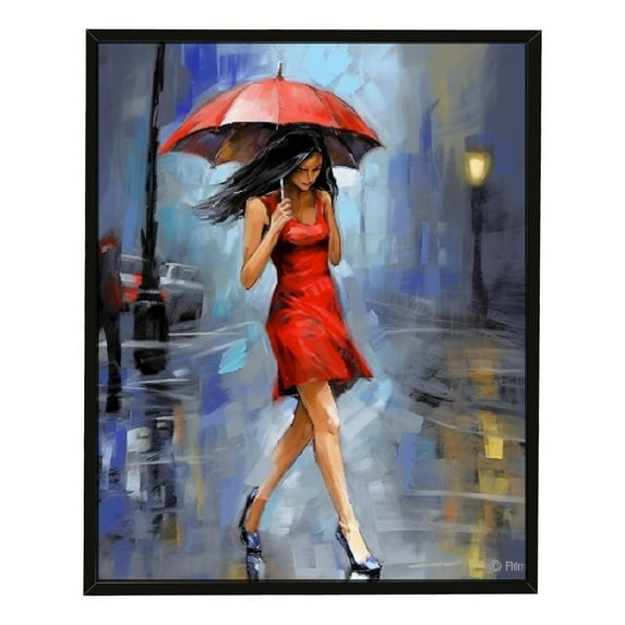 Nawypu Modern Abstract Canvas Wall Art Street Poster Girl in Red Dress Walking with Blue Umbrella Picture City Walk Artwork for Home Office Wall Decor Framed Easy to Put