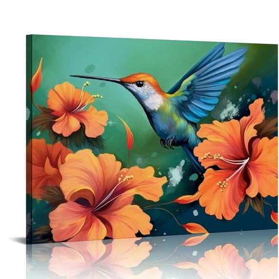 Nawypu Modern Painting Art Prints Beautiful Humming Bird With Hawaii Hibiscus Flower Canvas Wall Art Vintage Orange and Teal Wall Decor for Living Room Bedroom Framed Ready to Hang