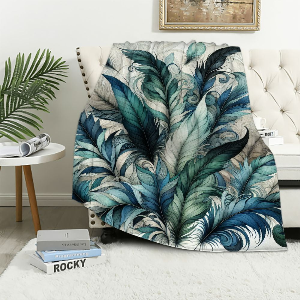 Nawypu Modern Peacock Feather Throw Blanket for Couch Watercolor Blue