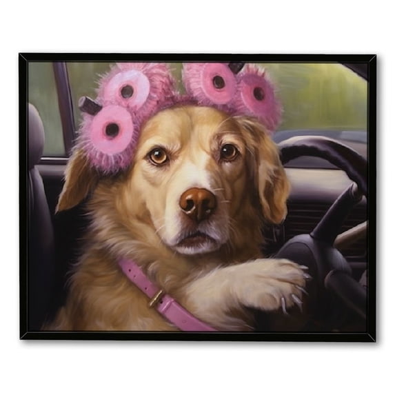Nawypu Mommy Chauffeur by Lucia Heffernan Mom Dog with Curlers Driving Kid Puppy Crying Howling in Backseat Funny Humorous Pet Framed Animal Art Print Picture