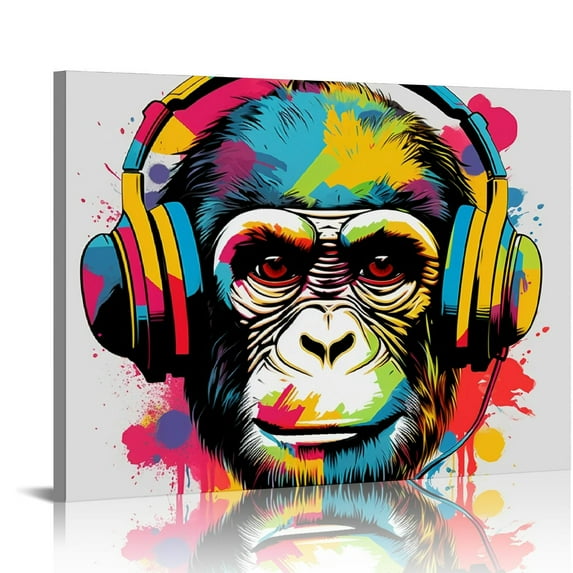 WERPE Monkey With Headphones Banksy DJ Chimp Pop Art Cool Ape Abstract Canvas Prints Wall Art Paintings for Living Room Bedroom Home Decorations Stretched Artwork for Office Decor