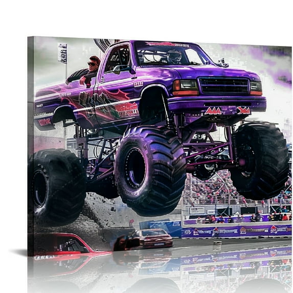 Nawypu Monster Truck Canvas Wall Art Boys Room Decor Black and White Car Posters Kids Bedroom Nursery Artwork Cool Racing Vehicle Pictures Painting for Teen Boy Birthday Party Home Decorations