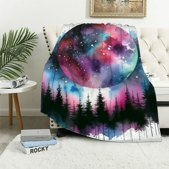 Nawypu Moon Blanket, Moon Night Forest Tree Magic Space Universe Starry Night Sky Blanket, Celestial Blanket and Throws Aesthetic, Beautiful Nature Scenery Painting Bed Blanket