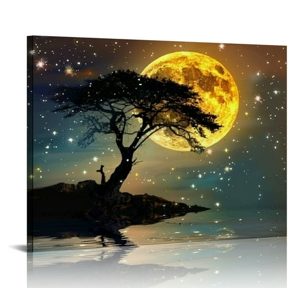 Nawypu Moon Ocean Canvas Wall Art Abstract Night Scene Coastal Artwork Landscape Picture Prints 4 Pieces Tree Framed Decor