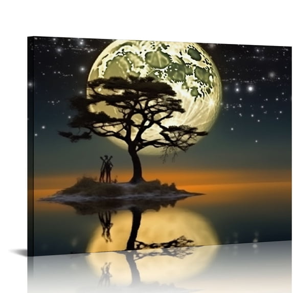 Nawypu Moon Ocean Canvas Wall Art Abstract Night Scene Coastal Artwork Landscape Picture Prints Tree Framed Decor (gold and black)