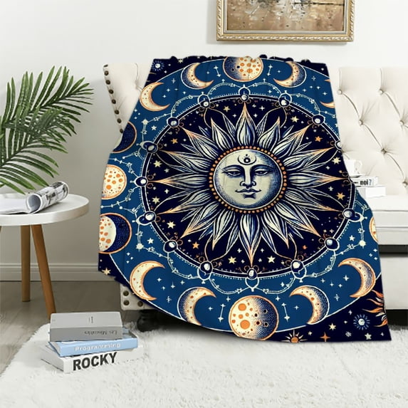 Nawypu Moon and Sun Throw Blanket Celestial Chair Recliner Cover Bed Spread Hippie Room Decor,Cotton Woven Sofa Couch Furniture Aesthetic Throws Yellow/Blue