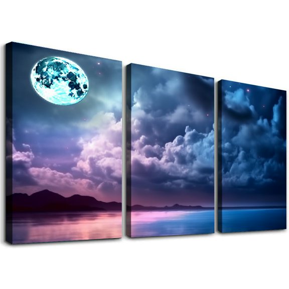 Nawypu Moonlight Canvas Prints for Wall Decor, Moonlight Canvas Wall Art - Ocean Paired with Moonlight Landscape Prints Ready to Hang 12''x16''X3 Panels
