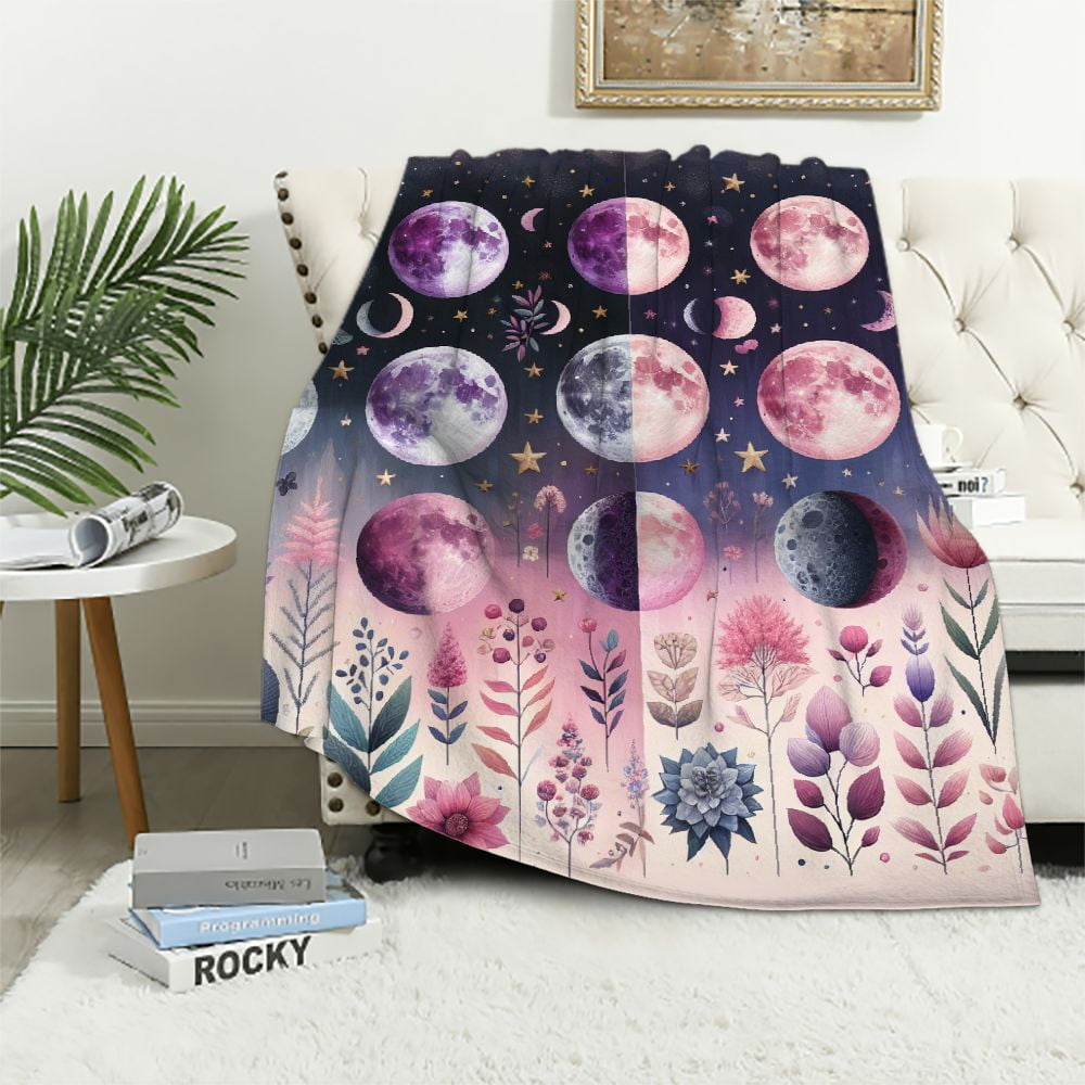 Nawypu Moonlit Garden Throw Blanket, Moon Phase Surrounded by Vines and