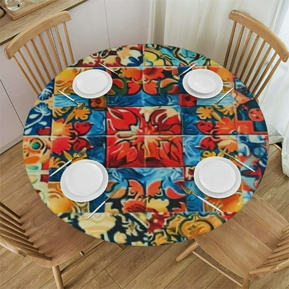 Nawypu Mosaic Pattern Fitted Round Table Cover with Elastic Protector Table Kitchen Dinner Waterproof Oil-Proof Tablecloth