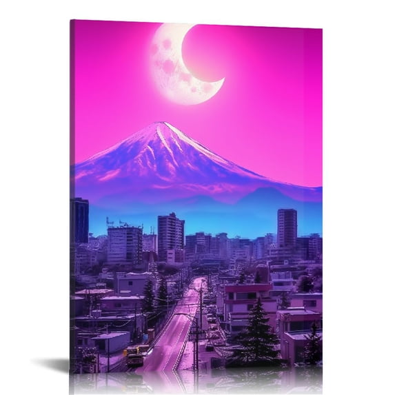 Nawypu Mount Fuji Under the Moon Purple Japan Landscape Poster for Living Room Wall Art Frame Japanese Fantasy Artwork Office Home Bathroom Décoration Canvas Print Ready to Hang 12x14inch