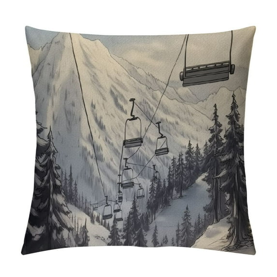 Nawypu Mountain Ski Lift Throw Pillow Case Sketch White Wintertime Snow Landscape Resort Pillow Cushion Covers Home Sofa Decorative