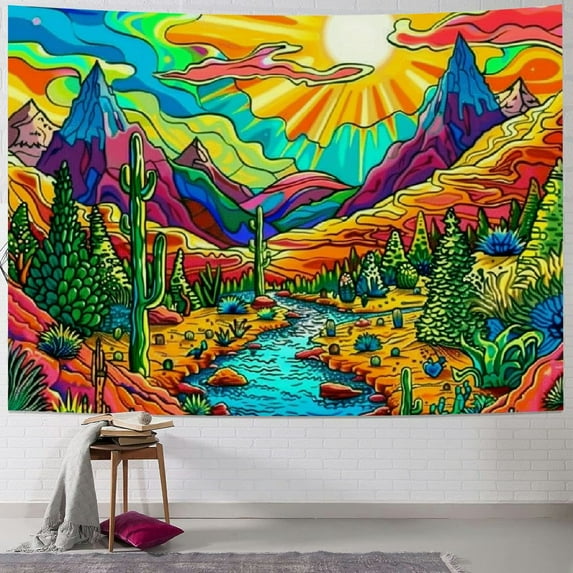 Nawypu Mountain Sun Tapestry Trippy Forest Tree Tapestries Nature Landscape Tapestry for Bedroom Aesthetic Sunset Wall Tapestry Magic River Wall hanging for Room