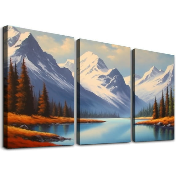 Nawypu Mountain Wall Art Framed Snow Mountain And Lake Pictures Canvas Wall Art Home Decor Wall Art Canvas Paintings Ready To Hang Modern Artwork for Office,Bedroom 12''x16''X3 Panels