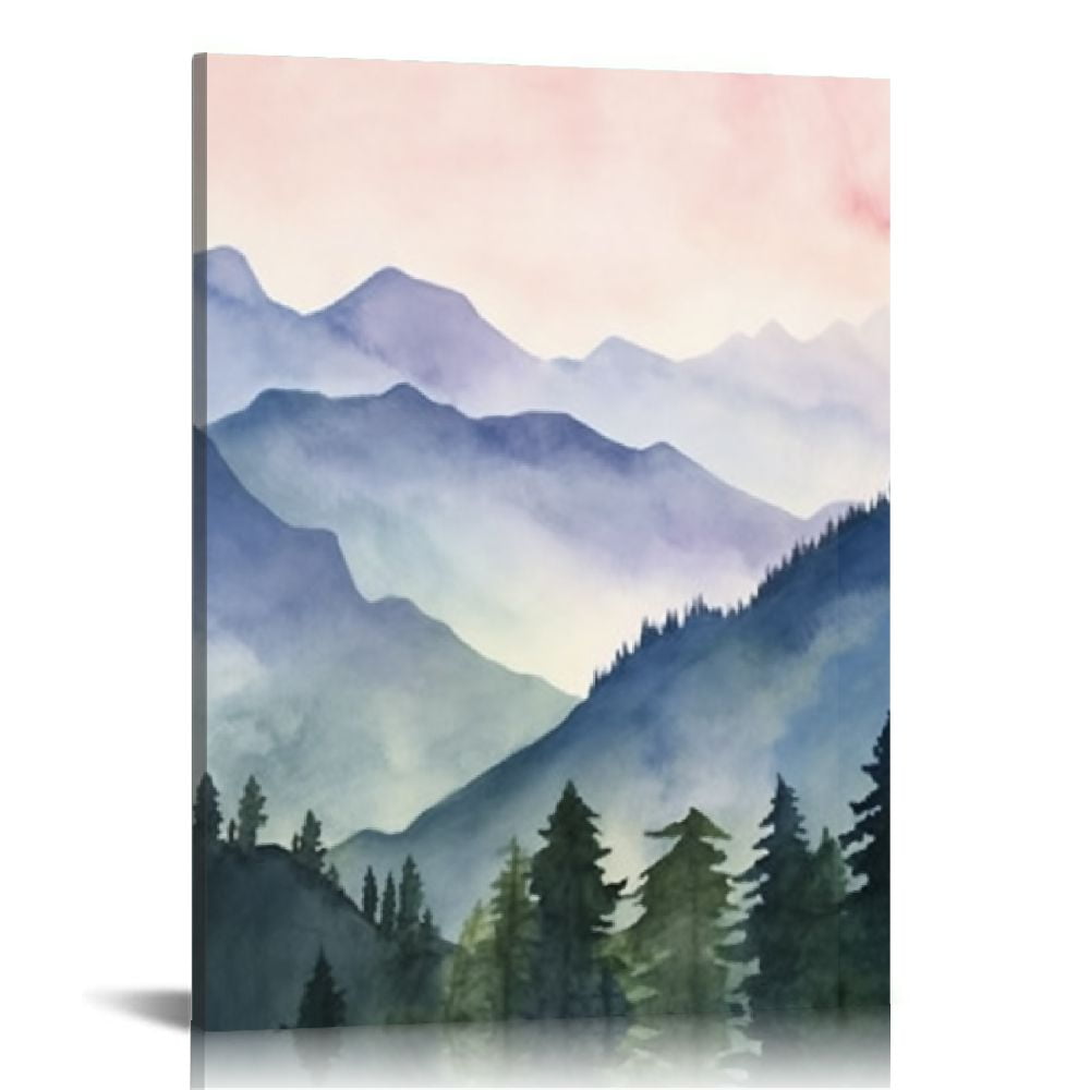 Nawypu Mountain Wall Art Gray Hazy Pastel Sky Canvas Pink Sunset Glow ...