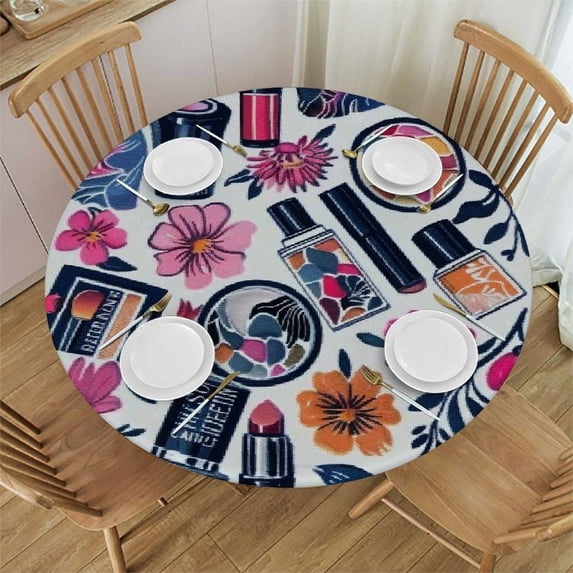 Nawypu Multicolor Round Fitted Table Cloth Cover Elastic Edged Cosmetic and Makeup Theme Pattern Modern Lady Round Fitted Table Cover with Elastic Edges Girls Tables