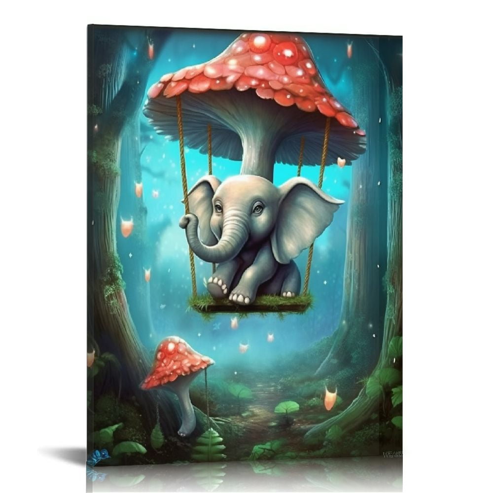 Nawypu Mushroom Poster Wall Decor Cute Elephant Wall Art Living Room