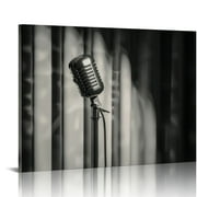 Nawypu  - Music Canvas Wall Art - Vintage Microphone Against The Backdrop Curtain - Gallery Wrap Modern Home Art | Ready to Hang