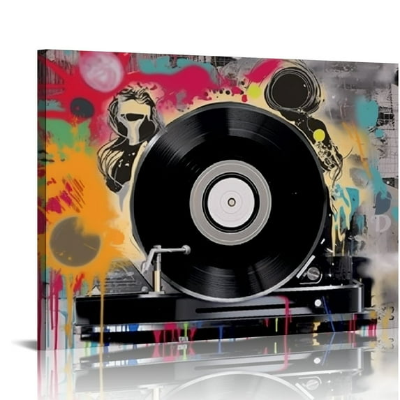Nawypu Music Wall Art Retro Hip Hop Wall Decor Graffiti Wall Decor Record Player Painting Print on Canvas Colorful Picture Print on Canvas for Bedroom Living Room Easy to Hang