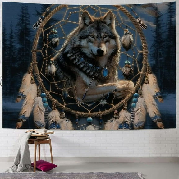 Nawypu Native American Wolf Dream Catcher Wall Tapestry Hanging Poster Lines Wall Art Painting with Tassels and Wooden Hanging Rod