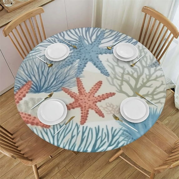 Nawypu Nautical Coastal Tablecloth Round Summer Beach Starfish Coral Seashell Print Decorative Table Cloth Table Cover with Waterproof Resistant Fabric for Home Kitchen Dining Patio