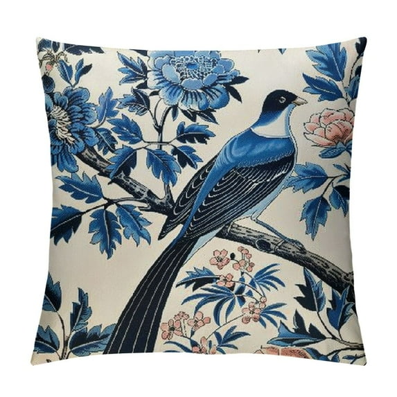 Nawypu Navy Blue Chinoiserie Peony Flower Cushion Cover Blue Indigo Floral and Bird Throw Pillow Covers Chinoiserie Chic Accent Pillow 16x16in White Pillows for Bedroom Sofa Couch