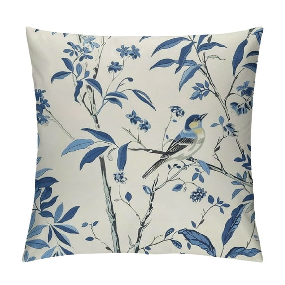 Nawypu Navy Blue Floral Pillow Covers Watercolor Flower Bird Decorative Throw Pillows Outdoor Blue and White Spring Square Cushion Cover for Home Couch Sofa Bedding, Set of