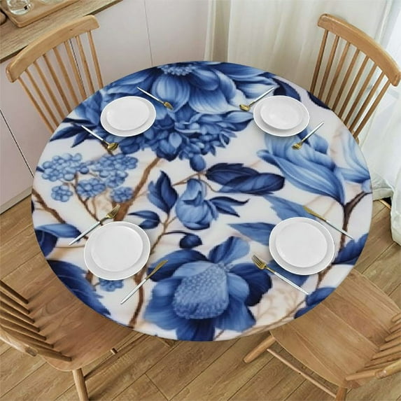 Nawypu Navy Blue Floral Round,Blue and White Flower Tablecloth pring Floral Round Table Cloth Polyester Waterproof Polyester for Table Cover Kitchen Party Dining Picnic Decoration