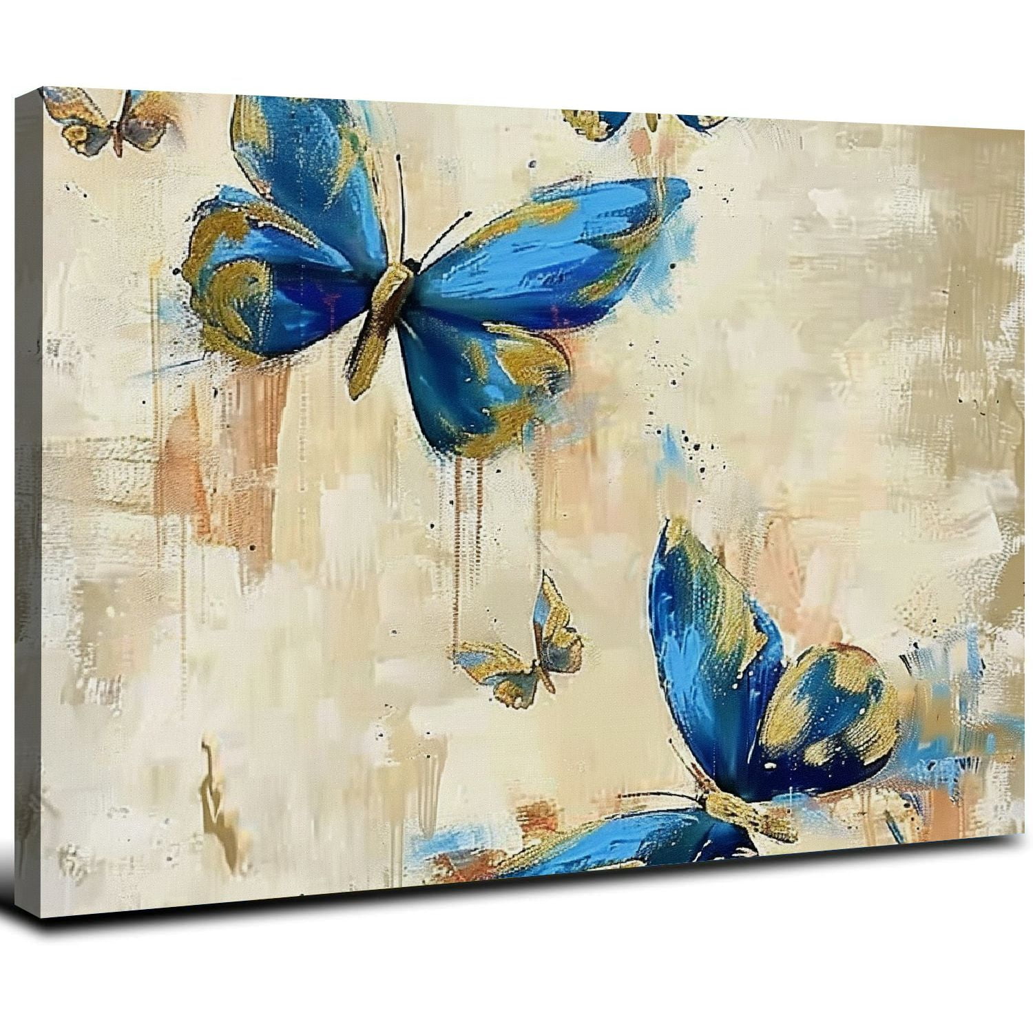 Nawypu Navy Blue Flower and Butterfly Canvas Prints Floral Gold Blue ...