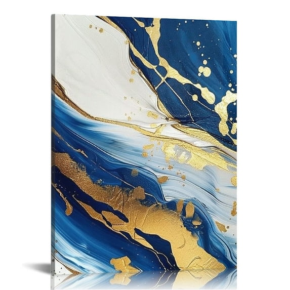 Nawypu Navy Blue and Gold Abstract Wall Art Blue White and Gold Painting Set of Modern Abstract Artwork Blue and Gold Foil Wall Art Navy Blue and White Abstract Painting for Bedroom