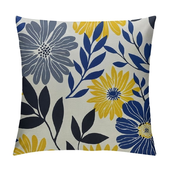 Nawypu Navy Blue Yellow Dahlia Pillow Covers, Yellow Grey Dahlia Floral Outdoor Decorative Throw Pillows Summer Geometry Flower Pillowcase Square Cushion Cover for Home Sofa