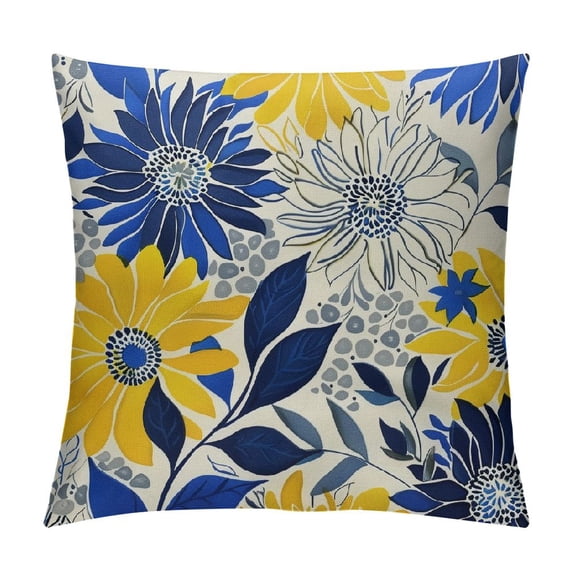 Nawypu Navy Blue Yellow Dahlia Pillow Covers, Yellow Grey Dahlia Floral Outdoor Decorative Throw Pillows Summer Geometry Flower Pillowcase Square Cushion Cover for Home Sofa