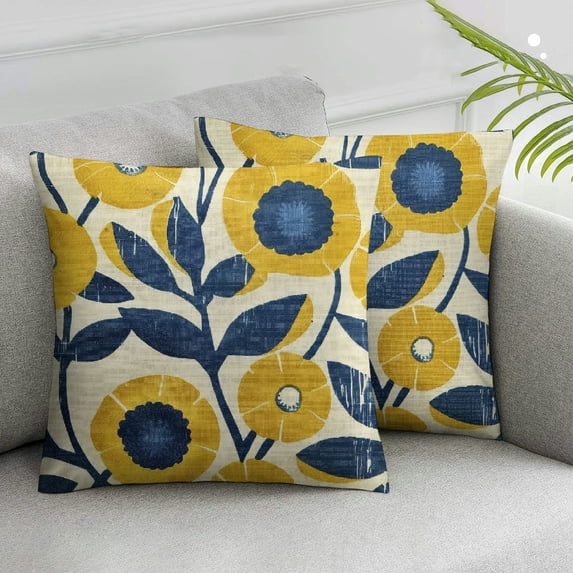 Nawypu Navy Blue Yellow Floral Pillow Covers set of 2 Spring Boho Rustic Art Flower Decorative Throw Pillow Cases Outdoor Farmhouse Decor for Sofa Couch Bed White