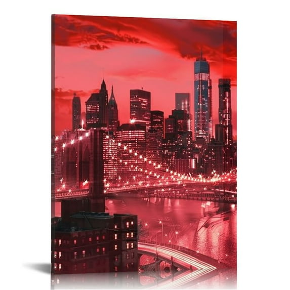 Nawypu New York City Canvas Wall Art Manhattan Skyline Brooklyn Bridge at Night Picture Print on Canvas Red Cool Building Giclee Artwork for Home Office Living Room Bedroom Decor Framed