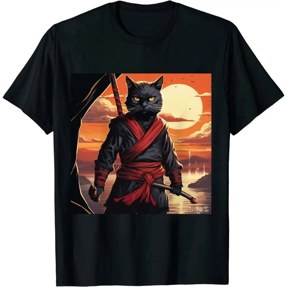 Nawypu Ninja Japanese Samurai Cat Graphic T-Shirt