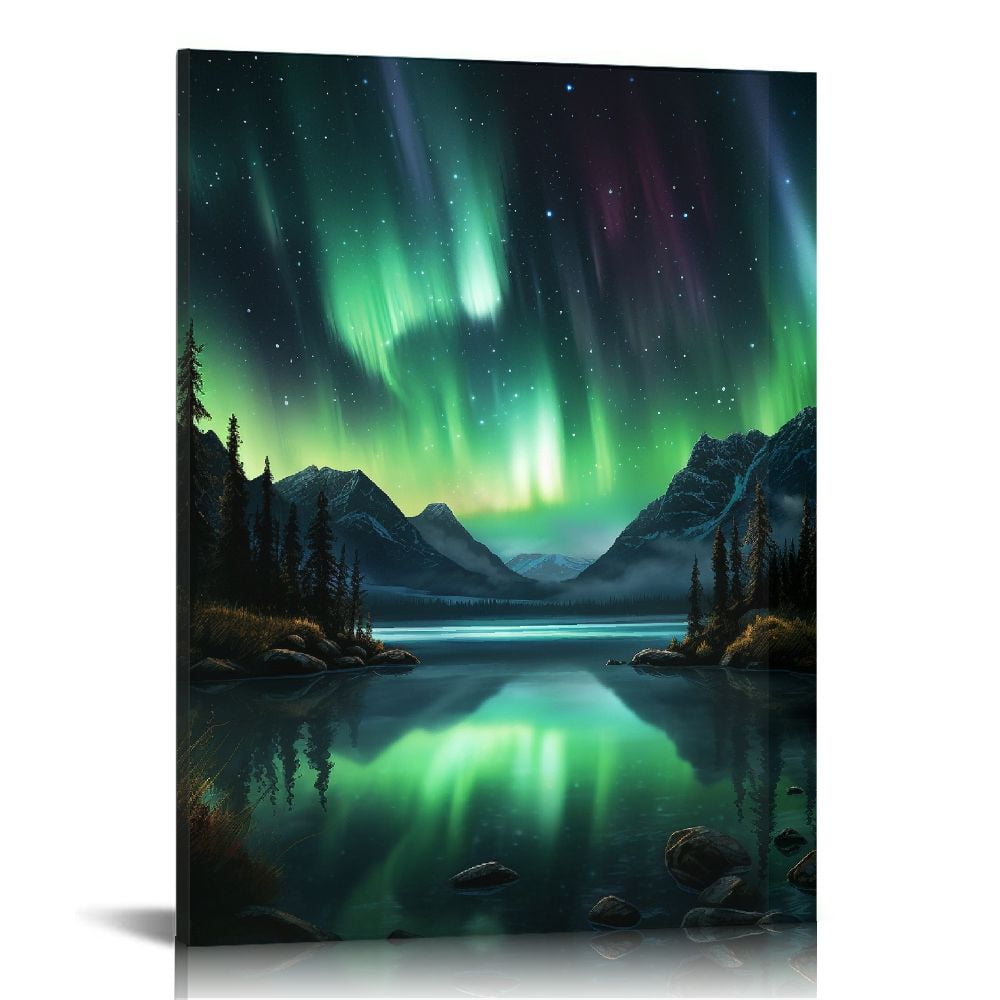 Nawypu Northern Lights Wall Art Green Aurora Forests Canvas Prints ...