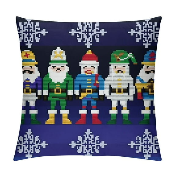 Nawypu Nutcracker Throw Pillow Cushion Cover, Colorful Retro Style Pattern with Xmas and Scandinavian Motifs, Decorative Rectangle Accent Pillow Case, Indigo White