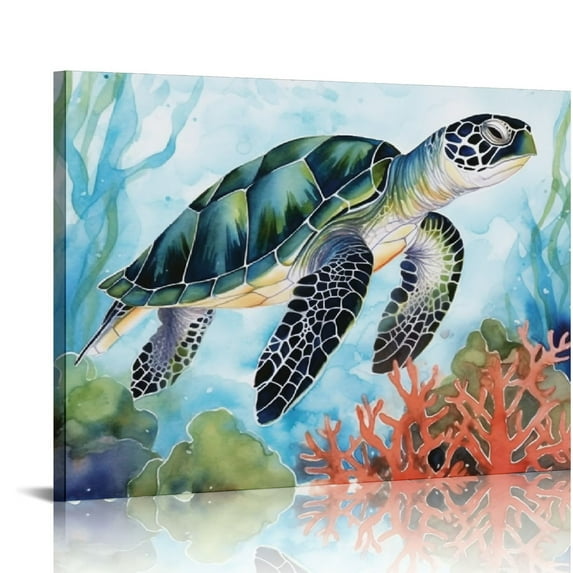 Nawypu Ocean Animals Canvas Wall Art Sea Turtle Fish Pictures Bathroom Wall Decor Watercolor Blue Crab Seahorse Printed Pictures Artwork Modern Home Decoration for Kids Bedroom Ready to Hang